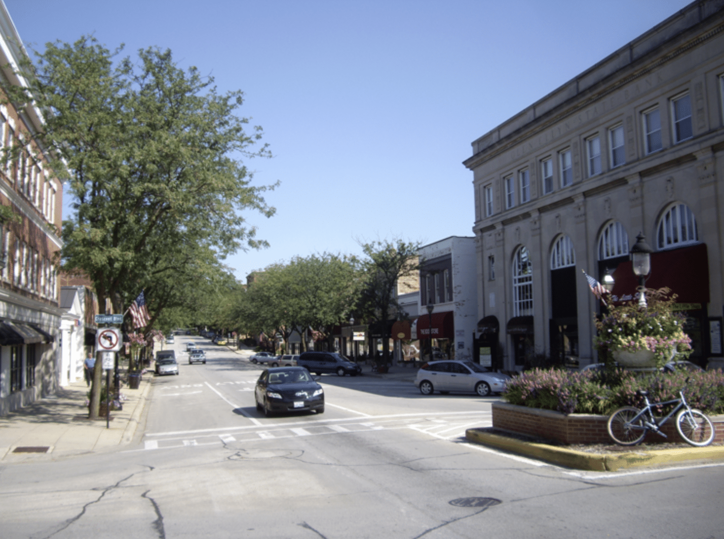 Glen Ellyn street view showcasing local businesses, trees lining the road, and parked cars, representing the community environment for Taxx Resolution's IRS tax relief services.