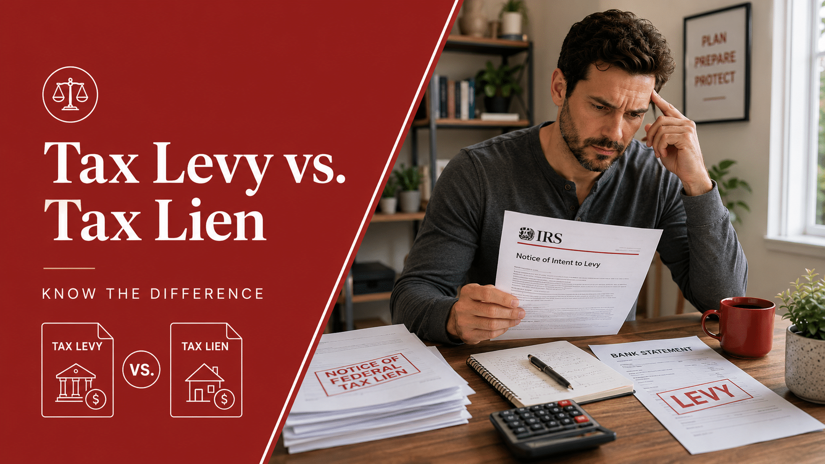 Stressed taxpayer reviewing an IRS notice with Tax Levy vs. Tax Lien comparison graphics in a burgundy and white Taxx Resolution featured image.